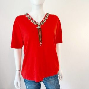 VINTAGE Chaus Red Silver Western Cowboy Boot Star Tassel Short Sleeve Top, M
